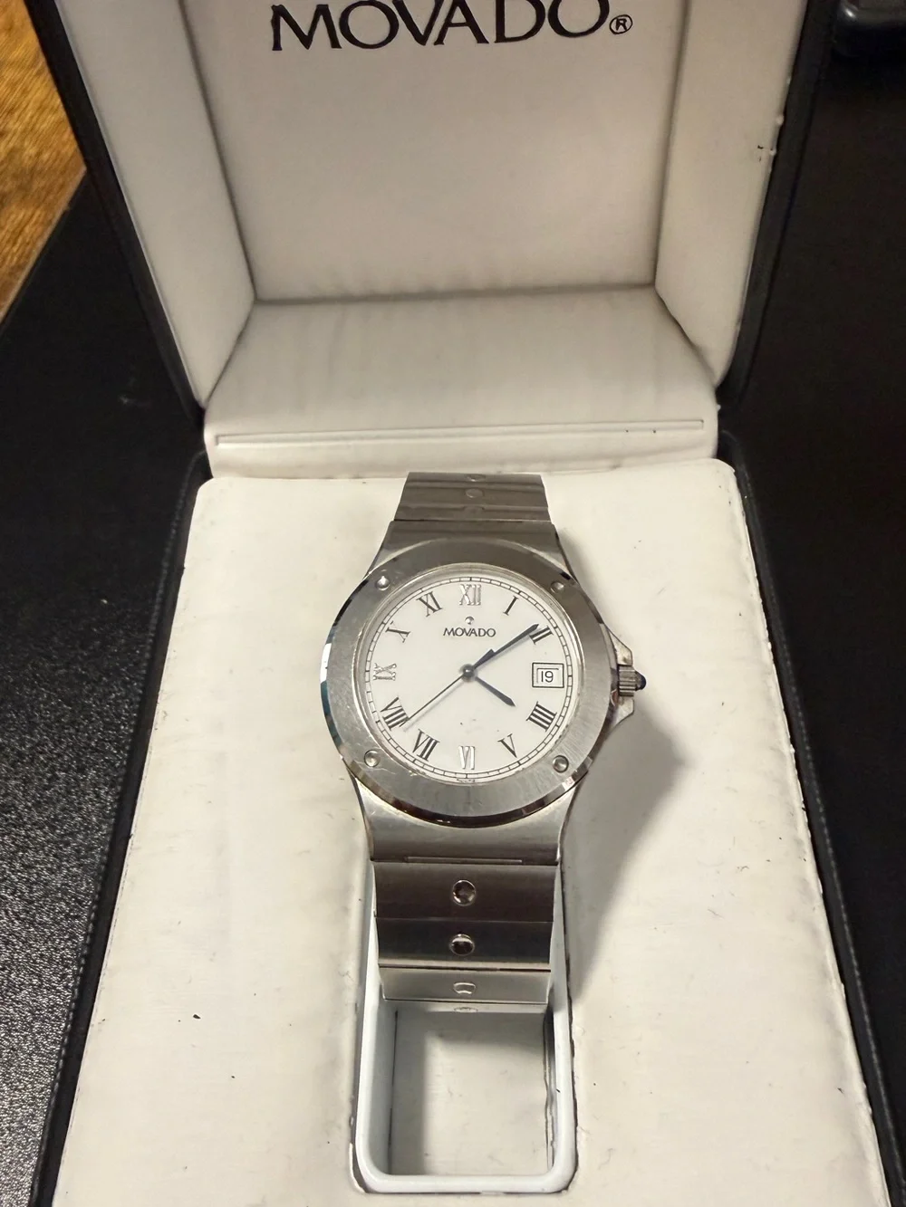 Movado Silver Unisex Stainless Steel Watch with small White Dial